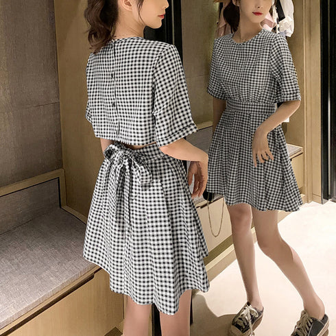 ギンガムチェックワンピース レディース夏 ミニワンピ バックオープンワンピース ウエストマーク レトロワンピ セクシー オルチャン ショート丈 大人ワンピ 膝上丈 84TIANHEYT-030