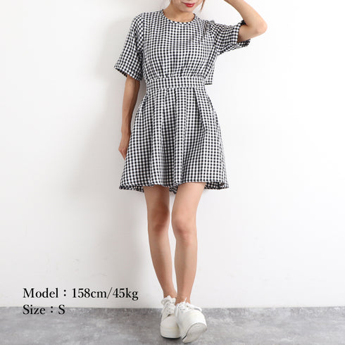 ギンガムチェックワンピース レディース夏 ミニワンピ バックオープンワンピース ウエストマーク レトロワンピ セクシー オルチャン ショート丈 大人ワンピ 膝上丈 84TIANHEYT-030