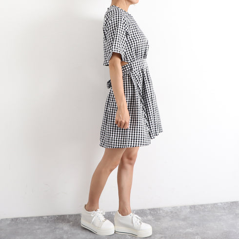 ギンガムチェックワンピース レディース夏 ミニワンピ バックオープンワンピース ウエストマーク レトロワンピ セクシー オルチャン ショート丈 大人ワンピ 膝上丈 84TIANHEYT-030