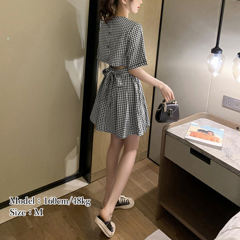 ギンガムチェックワンピース レディース夏 ミニワンピ バックオープンワンピース ウエストマーク レトロワンピ セクシー オルチャン ショート丈 大人ワンピ 膝上丈 84TIANHEYT-030