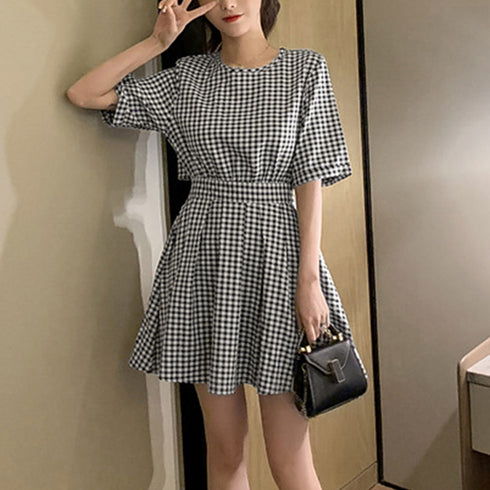 ギンガムチェックワンピース レディース夏 ミニワンピ バックオープンワンピース ウエストマーク レトロワンピ セクシー オルチャン ショート丈 大人ワンピ 膝上丈 84TIANHEYT-030