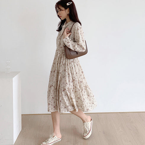 小花柄 ボウタイワンピース レディース春 ティアードワンピ ウエストマーク Aラインワンピ 春夏秋 きれいめワンピ 長袖リゾートワンピース 体型カバーロングワンピ 84TIANHEYT-037
