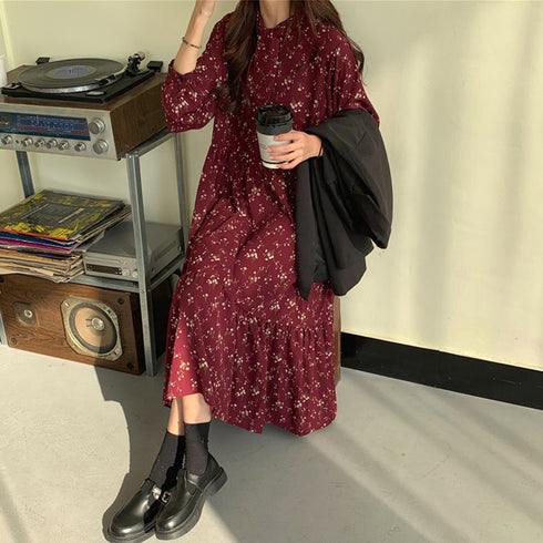 小花柄 ボウタイワンピース レディース春 ティアードワンピ ウエストマーク Aラインワンピ 春夏秋 きれいめワンピ 長袖リゾートワンピース 体型カバーロングワンピ 84TIANHEYT-037