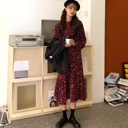 小花柄 ボウタイワンピース レディース春 ティアードワンピ ウエストマーク Aラインワンピ 春夏秋 きれいめワンピ 長袖リゾートワンピース 体型カバーロングワンピ 84TIANHEYT-037