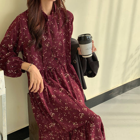 小花柄 ボウタイワンピース レディース春 ティアードワンピ ウエストマーク Aラインワンピ 春夏秋 きれいめワンピ 長袖リゾートワンピース 体型カバーロングワンピ 84TIANHEYT-037
