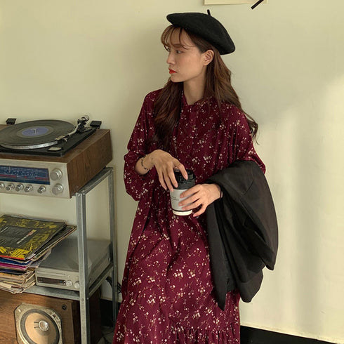 小花柄 ボウタイワンピース レディース春 ティアードワンピ ウエストマーク Aラインワンピ 春夏秋 きれいめワンピ 長袖リゾートワンピース 体型カバーロングワンピ 84TIANHEYT-037