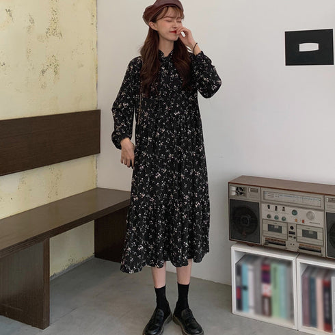 小花柄 ボウタイワンピース レディース春 ティアードワンピ ウエストマーク Aラインワンピ 春夏秋 きれいめワンピ 長袖リゾートワンピース 体型カバーロングワンピ 84TIANHEYT-037