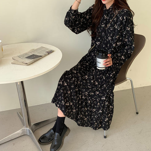 小花柄 ボウタイワンピース レディース春 ティアードワンピ ウエストマーク Aラインワンピ 春夏秋 きれいめワンピ 長袖リゾートワンピース 体型カバーロングワンピ 84TIANHEYT-037