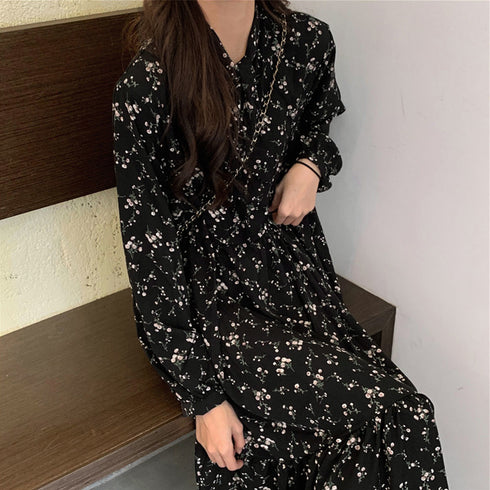 小花柄 ボウタイワンピース レディース春 ティアードワンピ ウエストマーク Aラインワンピ 春夏秋 きれいめワンピ 長袖リゾートワンピース 体型カバーロングワンピ 84TIANHEYT-037