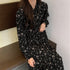 小花柄 ボウタイワンピース レディース春 ティアードワンピ ウエストマーク Aラインワンピ 春夏秋 きれいめワンピ 長袖リゾートワンピース 体型カバーロングワンピ 84TIANHEYT-037