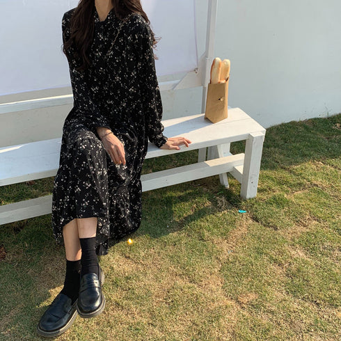 小花柄 ボウタイワンピース レディース春 ティアードワンピ ウエストマーク Aラインワンピ 春夏秋 きれいめワンピ 長袖リゾートワンピース 体型カバーロングワンピ 84TIANHEYT-037