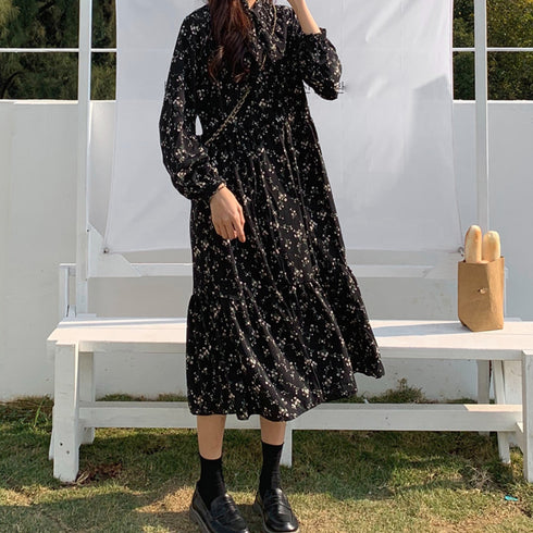 小花柄 ボウタイワンピース レディース春 ティアードワンピ ウエストマーク Aラインワンピ 春夏秋 きれいめワンピ 長袖リゾートワンピース 体型カバーロングワンピ 84TIANHEYT-037