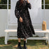 小花柄 ボウタイワンピース レディース春 ティアードワンピ ウエストマーク Aラインワンピ 春夏秋 きれいめワンピ 長袖リゾートワンピース 体型カバーロングワンピ 84TIANHEYT-037