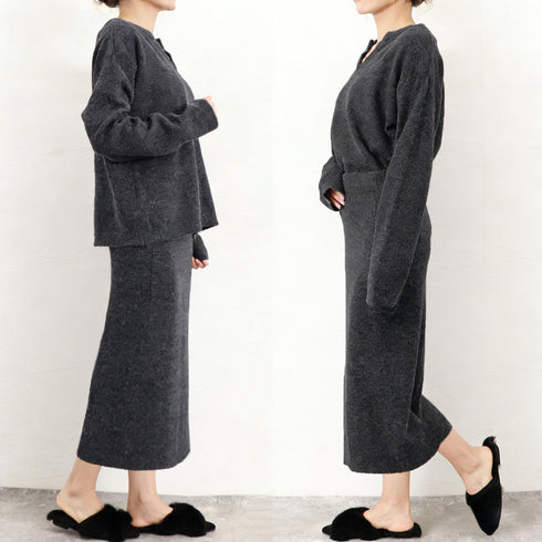 こなれ感 ニットセットアップ 上品韓国風 レディース 上下2点セット ニットアンサンブル キーネック 長袖 あたたかセーター オルチャンロングスカート秋冬お洒落 84TIANHEYT-038