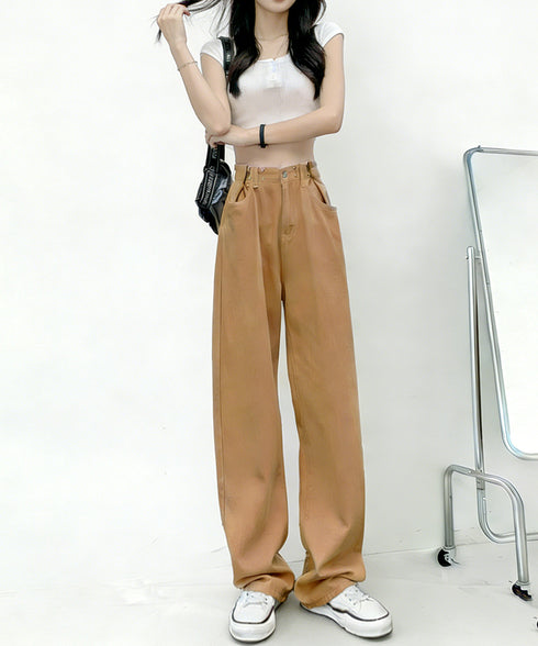 ウエストフックデニムパンツワイドジーンズ ハイウエス ゆったりロングデニムレディース 体型カバーデニムストレートパンツ 美脚脚長ジーンズ ヴィンテージデニム韓国風 84TIANHEYT-044