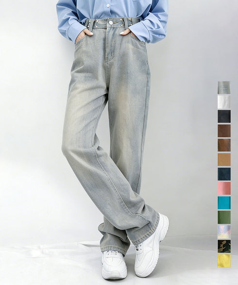 ウエストフックデニムパンツワイドジーンズ ハイウエス ゆったりロングデニムレディース 体型カバーデニムストレートパンツ 美脚脚長ジーンズ ヴィンテージデニム韓国風 84TIANHEYT-044