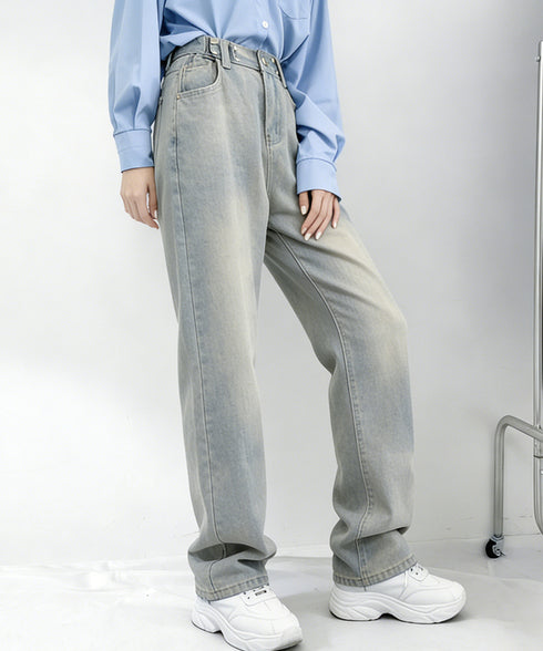 ウエストフックデニムパンツワイドジーンズ ハイウエス ゆったりロングデニムレディース 体型カバーデニムストレートパンツ 美脚脚長ジーンズ ヴィンテージデニム韓国風 84TIANHEYT-044