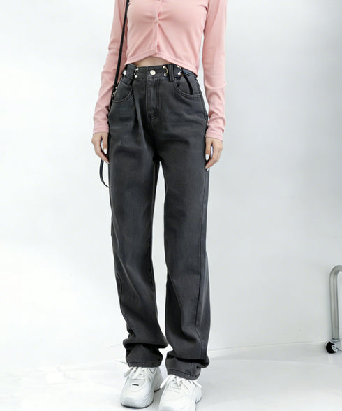 ウエストフックデニムパンツワイドジーンズ ハイウエス ゆったりロングデニムレディース 体型カバーデニムストレートパンツ 美脚脚長ジーンズ ヴィンテージデニム韓国風 84TIANHEYT-044