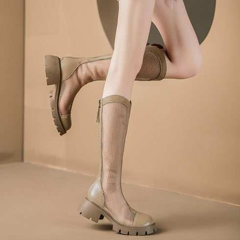 サマージョッキーブーツ メッシュブーツ夏 蒸れない サマーブーツ 韓国レディース 通気性美脚ロングブーツ 厚底 5cmヒール ブーツサンダル ローヒールカジュアル 84TONGT-002