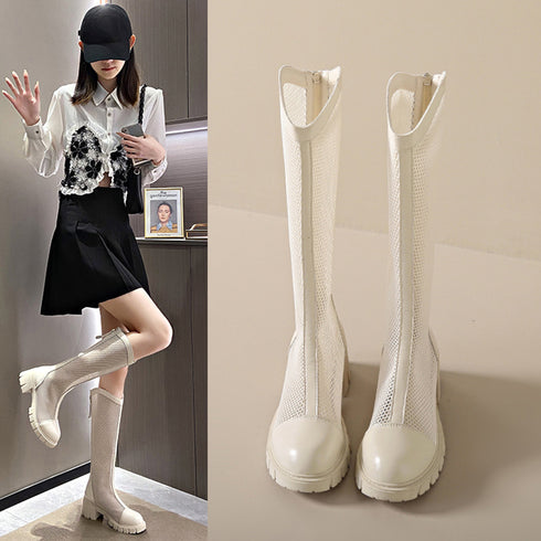 サマージョッキーブーツ メッシュブーツ夏 蒸れない サマーブーツ 韓国レディース 通気性美脚ロングブーツ 厚底 5cmヒール ブーツサンダル ローヒールカジュアル 84TONGT-002