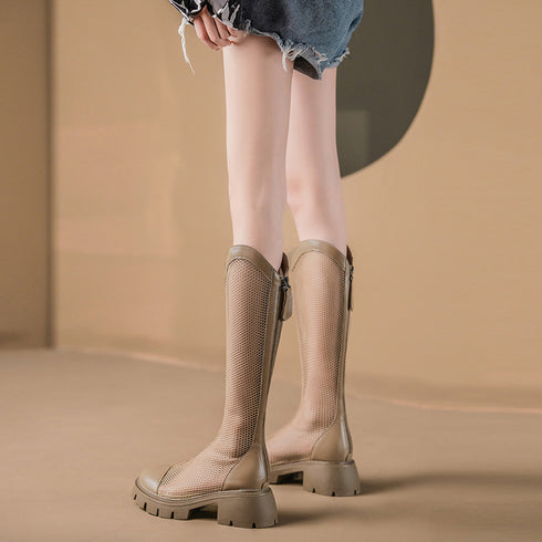 サマージョッキーブーツ メッシュブーツ夏 蒸れない サマーブーツ 韓国レディース 通気性美脚ロングブーツ 厚底 5cmヒール ブーツサンダル ローヒールカジュアル 84TONGT-002