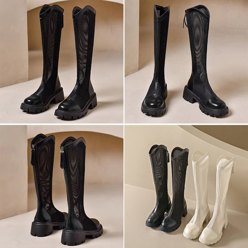 サマージョッキーブーツ メッシュブーツ夏 蒸れない サマーブーツ 韓国レディース 通気性美脚ロングブーツ 厚底 5cmヒール ブーツサンダル ローヒールカジュアル 84TONGT-002