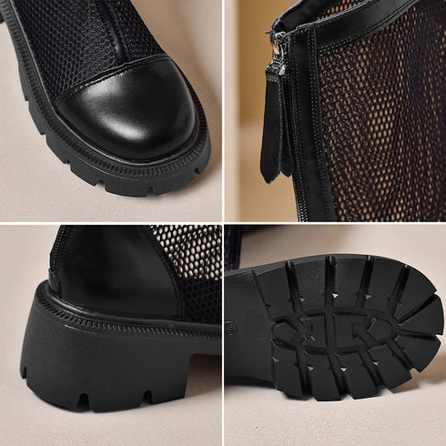 サマージョッキーブーツ メッシュブーツ夏 蒸れない サマーブーツ 韓国レディース 通気性美脚ロングブーツ 厚底 5cmヒール ブーツサンダル ローヒールカジュアル 84TONGT-002