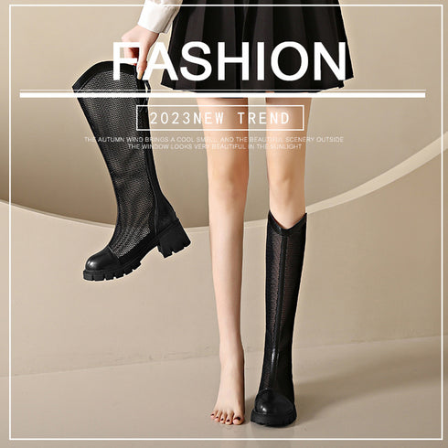 サマージョッキーブーツ メッシュブーツ夏 蒸れない サマーブーツ 韓国レディース 通気性美脚ロングブーツ 厚底 5cmヒール ブーツサンダル ローヒールカジュアル 84TONGT-002