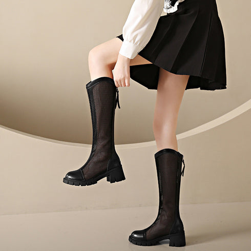 サマージョッキーブーツ メッシュブーツ夏 蒸れない サマーブーツ 韓国レディース 通気性美脚ロングブーツ 厚底 5cmヒール ブーツサンダル ローヒールカジュアル 84TONGT-002