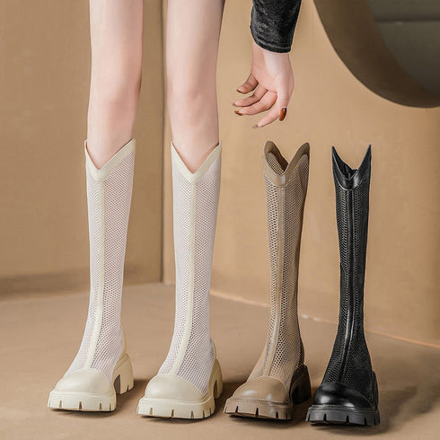 サマージョッキーブーツ メッシュブーツ夏 蒸れない サマーブーツ 韓国レディース 通気性美脚ロングブーツ 厚底 5cmヒール ブーツサンダル ローヒールカジュアル 84TONGT-002