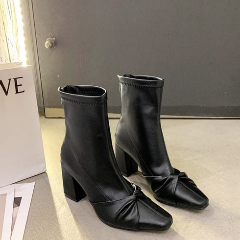 ショートブーツ レディース 美脚ブーティ 韓国ミドルブーツ 足が疲れないブーツ バックジップ 秋冬新作 チャンキーヒール おしゃれ ストレッチブーツ 柔らかい上品 84TONGT-003