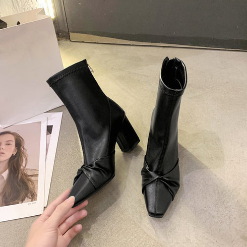 ショートブーツ レディース 美脚ブーティ 韓国ミドルブーツ 足が疲れないブーツ バックジップ 秋冬新作 チャンキーヒール おしゃれ ストレッチブーツ 柔らかい上品 84TONGT-003