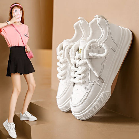 厚底スニーカー レディース ローカット 履きやすいシューズ 通勤通学 韓国ファッション おしゃれ 美脚スニーカー レースアップ カジュアルPUレザー 可愛い太紐 84TONGT-004