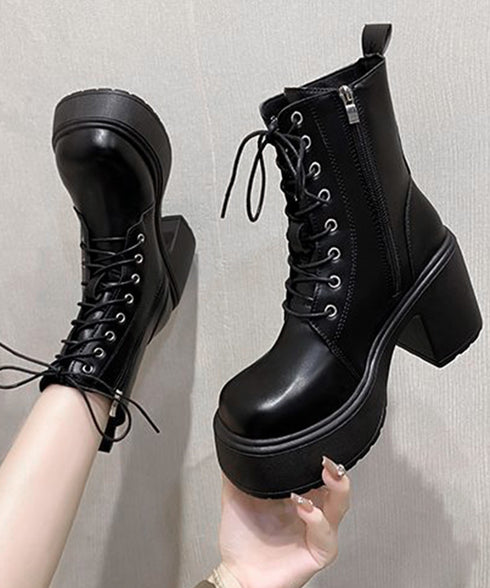ショートブーツ 厚底ブーツ レースアップ レディース 歩きやすい太ヒールブーツ サイドファスナー 美脚脚長ジョッキーブーツ 疲れない カジュアル靴 通勤通学韓国風 84TONGT-010