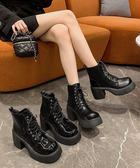 ショートブーツ 厚底ブーツ レースアップ レディース 歩きやすい太ヒールブーツ サイドファスナー 美脚脚長ジョッキーブーツ 疲れない カジュアル靴 通勤通学韓国風 84TONGT-010