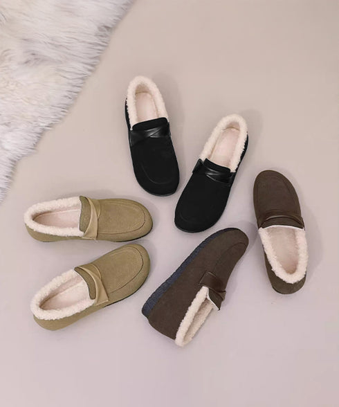 ファーモカシンシューズ レディース裏起毛 フラットシューズ あったか フェイクムートン ぺたんこローファー 歩きやすい 防寒保温 冬靴 履きやすい ファーパンプス 84TONGT-011