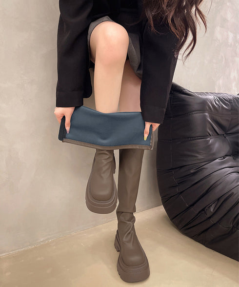 ロングブーツ 厚底ブーツバックジップ美脚 レディース おしゃれ トラックブーツ プラットフォーム 履きやすい 膝下丈 ニーハイブーツ ボリューム感シューズ 韓国風 84TONGT-012