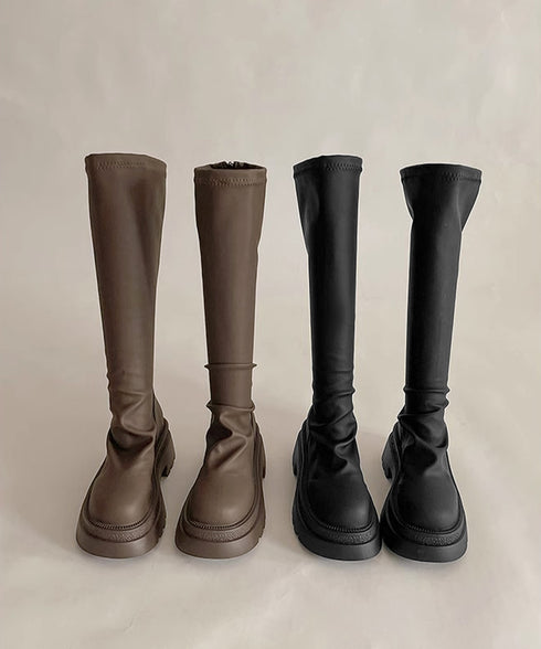 ロングブーツ 厚底ブーツバックジップ美脚 レディース おしゃれ トラックブーツ プラットフォーム 履きやすい 膝下丈 ニーハイブーツ ボリューム感シューズ 韓国風 84TONGT-012