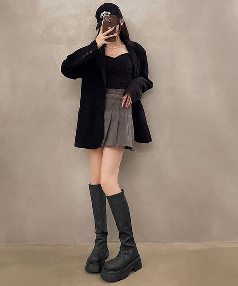 ロングブーツ 厚底ブーツバックジップ美脚 レディース おしゃれ トラックブーツ プラットフォーム 履きやすい 膝下丈 ニーハイブーツ ボリューム感シューズ 韓国風 84TONGT-012