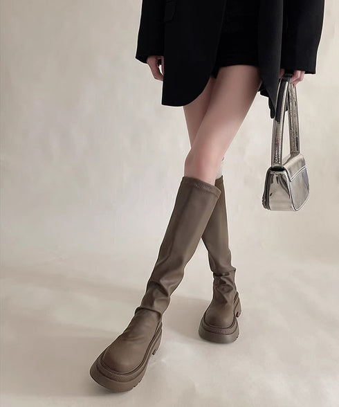 ロングブーツ 厚底ブーツバックジップ美脚 レディース おしゃれ トラックブーツ プラットフォーム 履きやすい 膝下丈 ニーハイブーツ ボリューム感シューズ 韓国風 84TONGT-012