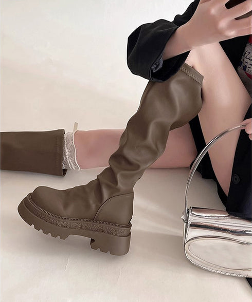 ロングブーツ 厚底ブーツバックジップ美脚 レディース おしゃれ トラックブーツ プラットフォーム 履きやすい 膝下丈 ニーハイブーツ ボリューム感シューズ 韓国風 84TONGT-012