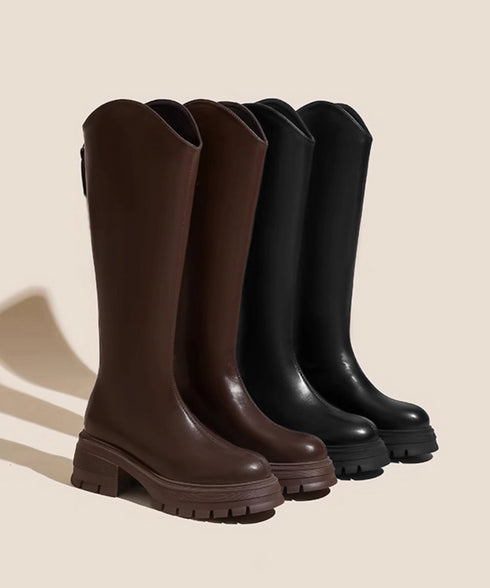 ロングブーツ 厚底ブーツレディース韓国風 膝下丈ブーツ バックジップジョッキーブーツ 履きやすい おしゃれ美脚脚長ブーツ カジュアル靴 チャンキーヒール 疲れない 84TONGT-013