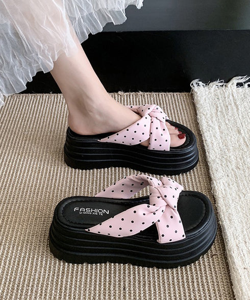 ドット柄リボン厚底サンダルレディース美脚 歩きやすい クロスリボンサンダル韓国風 リゾートサンダル おしゃれサマーサンダル 大人可愛いビーチサンダル 履きやすい 84TONGT-015