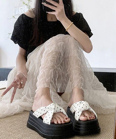 ドット柄リボン厚底サンダルレディース美脚 歩きやすい クロスリボンサンダル韓国風 リゾートサンダル おしゃれサマーサンダル 大人可愛いビーチサンダル 履きやすい 84TONGT-015