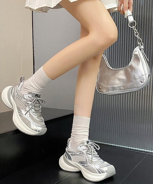 厚底スニーカー軽量メッシュスニーカー美脚 レディース ボリュームソール テック系シルバースニーカーレースアップ メタリックシューズ スポーティー 大人カジュアル靴 84TONGT-018