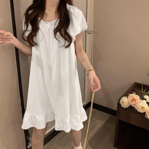 パジャマ レディース ワンピース 春夏秋 可愛い リラックス ルームウェア 半袖ワンピース 部屋着 可愛いフリル袖 ゆったり ナイトウェア 涼しい 選べる2タイプ 84WANJIA-003
