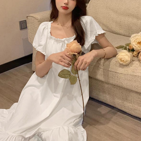 パジャマ レディース ワンピース 春夏秋 可愛い リラックス ルームウェア 半袖ワンピース 部屋着 可愛いフリル袖 ゆったり ナイトウェア 涼しい 選べる2タイプ 84WANJIA-003