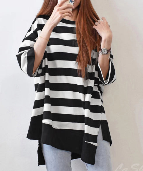 ビッグTシャツ ボーダー柄 ゆったり夏t レディース 大きいサイズ トップス 半袖プルオーバー ビッグシルエット ワイド 大人カットソー 体型カバーロングTシャツ 84WANJIA-006