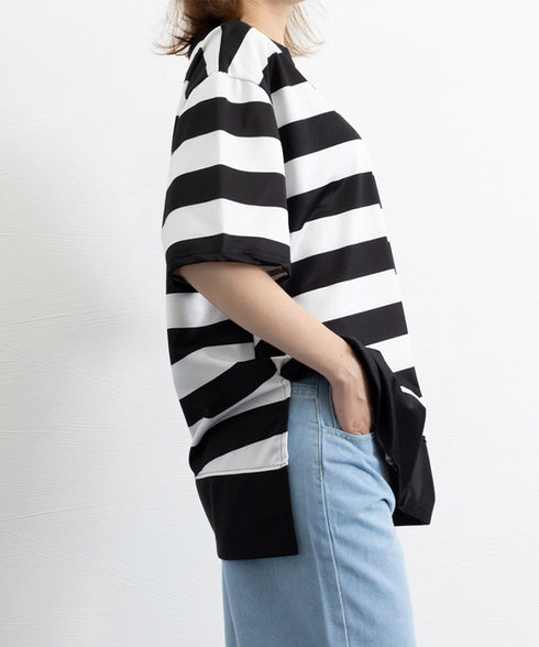 ビッグTシャツ ボーダー柄 ゆったり夏t レディース 大きいサイズ トップス 半袖プルオーバー ビッグシルエット ワイド 大人カットソー 体型カバーロングTシャツ 84WANJIA-006