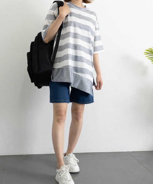 ビッグTシャツ ボーダー柄 ゆったり夏t レディース 大きいサイズ トップス 半袖プルオーバー ビッグシルエット ワイド 大人カットソー 体型カバーロングTシャツ 84WANJIA-006